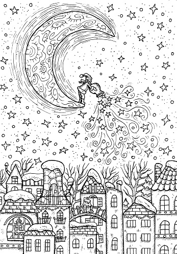 Christmas and New Year vector illustration with moon and gnome or dwarf dropping stars over beautiful houses or town at night. Greeting card background. Black and white line art for coloring page.