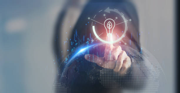 istock Renewable energy, sustainable, clean energy concept. Carbon reduction solution to limit climate change and global warming. Environmental protection. Pointing with sustainable energy source icon. 1702043982