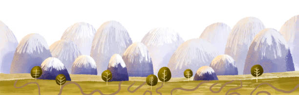 istock horizontal landscape with violet mountains and green trees. Wallart. Cute childish illustration, isolated design 1702051125