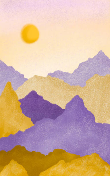 istock vertical landscape with violet and yellow mountains, sunset. Wallart. Cute childish illustration, isolated design 1702051138