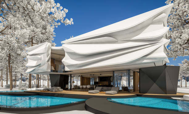 istock 3d rendering of modern house with bionic natural curves plastic forms in winter day 1702060704