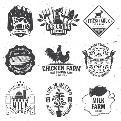 Set of gardening and yard work services and American Farm Badge or Label. Vector. Vintage typography design with chicken, pig, cow, hand secateurs, garden pruner, watering can, bear with rake and gardening equipment