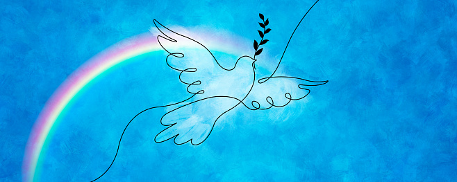Art Abstract Peace Dove In Continuous Line Art Drawing Style With Rainbow On Watercolor Background
