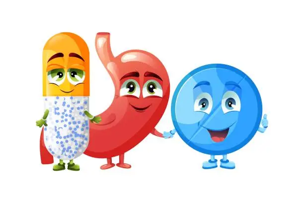 Vector illustration of Cute stomach and medicine pills cartoon characters holding hands and smiling