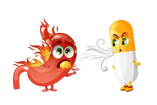 Burning stomach with blowing medicine capsule characters. Vector illustration isolated on white background. Cartoon style