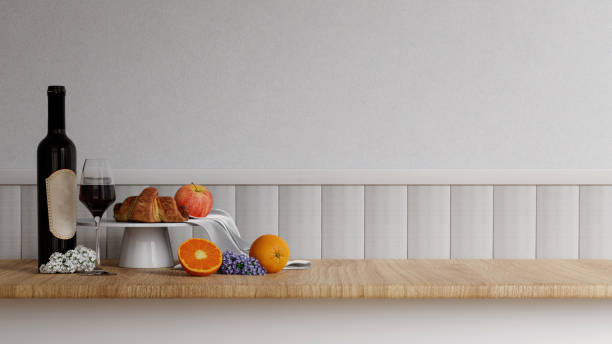 istock Blank empty space on beautiful wood. wooden counter top with wine, croissant and fruit Backdrop. 3d render illustration 1702090997