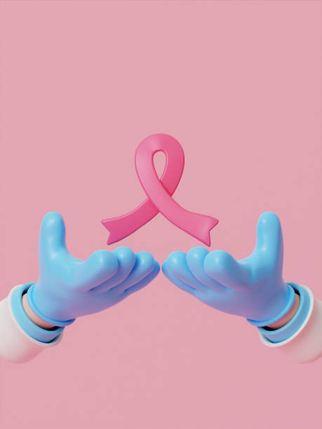 cartoon levantou a mão do médico com luvas 3d fita rosa para simbolizar de incentivar a conscientização do câncer de mama. ilustração de renderização 3d. - breast cancer awareness ribbon breast cancer ribbon charity and relief work - fotografias e filmes do acervo