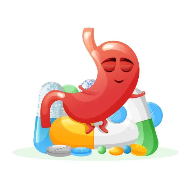 Vector illustration of Stomach character sitting on medicine capsules and pills