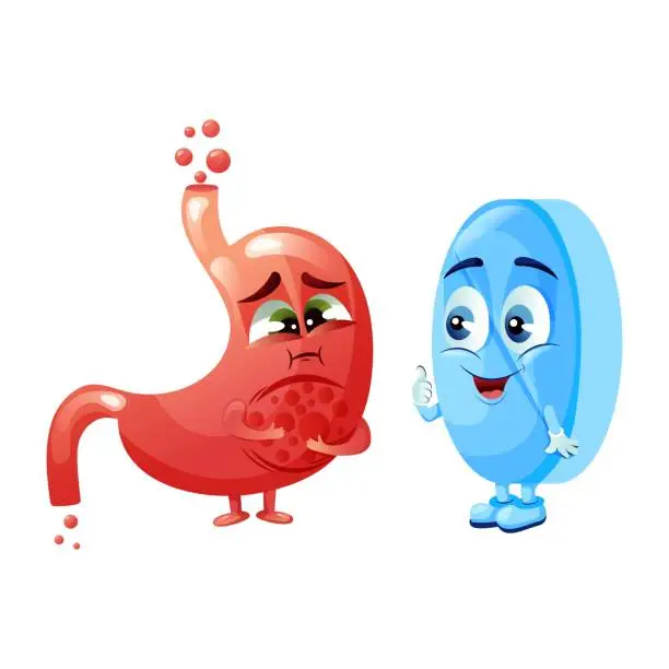 Vector illustration of Bloated stomach with belching and medicine capsule characters