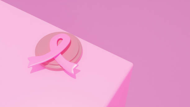 símbolo de fita rosa no pódio no fundo rosa, consciência do câncer de mama, ilustração de renderização 3d. - breast cancer awareness ribbon breast cancer ribbon charity and relief work - fotografias e filmes do acervo