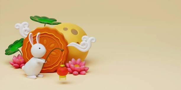 3d Rabbit holding lanterns with baked mooncake and lotus, full moon on yellow background. Chinese palace aside. Translation: Happy mid autumn festival. 3d render