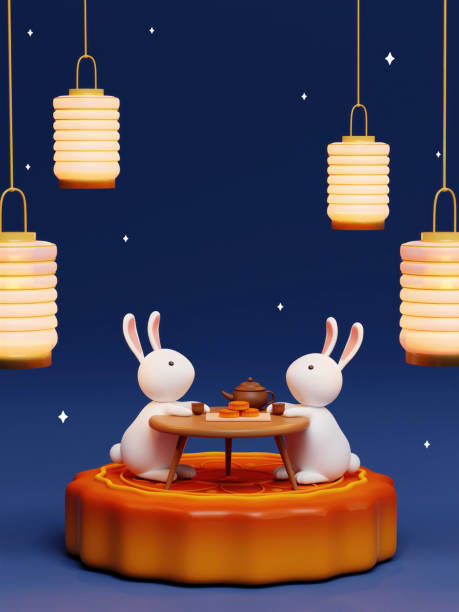 istock 3d Rabbit drinking tea on the moon wit lotus and lanterns on night background. Chinese palace aside. Translation: Happy mid autumn festival. 3d render 1702104576