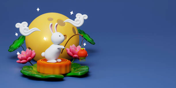istock 3d Rabbit holding lanterns on baked mooncake with lotus, full moon on night background. Chinese palace aside. Translation: Happy mid autumn festival. 3d render 1702105143