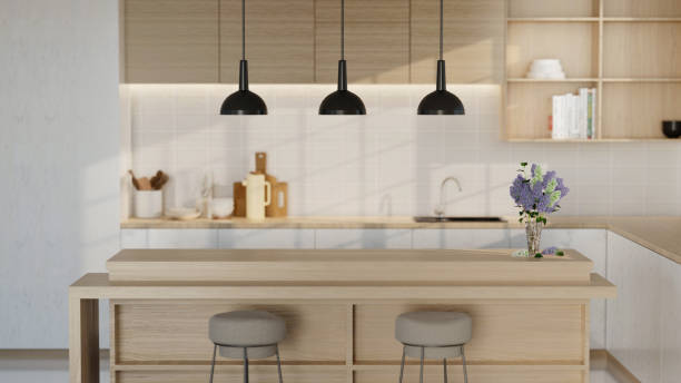 istock Minimal cozy kitchen white modern interior in farmhouse style. nordic kitchen in loft apartment. 3D rendering. 1702106843