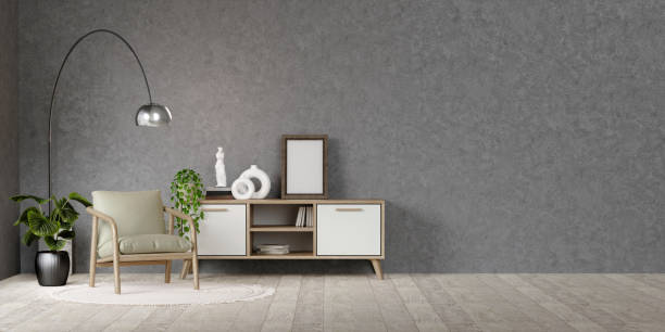 istock Wooden rustic cabinet near wall with blank poster frame with copy space. Interior design of modern living room. 3D render illustration 1702110788