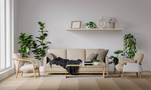 istock Modern minimalist interior with an armchair on empty cream color wall background.3D rendering 1702127954