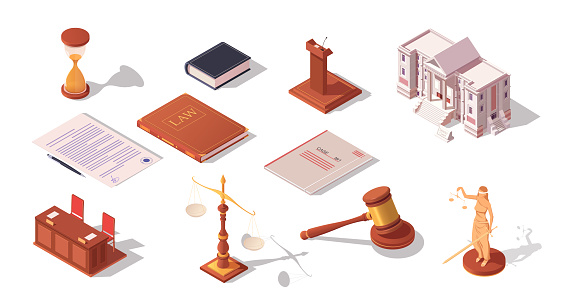 Set of law and legal accessories. Court of justice. Judge hammer. Femida statue. Collection of laws. Special book, courthouse building. Isolated on white background. Isometric vector illustration