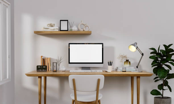 istock Workplace, computer with blank empty white screen display monitor on desk. Mock up, copy space. Home office concept. Business, working from home, studying, e-learning, web site concept. 3D rendering 1702130694