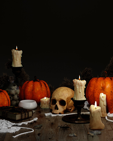 Halloween At Night - Jack O Lantern On Table With Candles on a wooden table. 3d render..