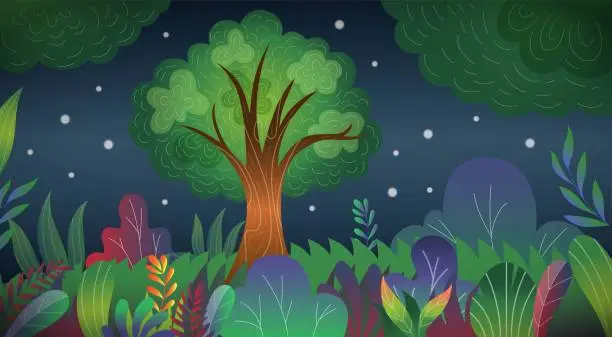 Vector illustration of Enchanted magical scenery. Dream forest. Mysterious night landscape. Nature trees in shadow. Starry dark sky. Fairytale summer panorama. Nighttime meadow. Vector cartoon tidy background