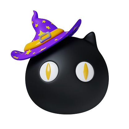 3d Halloween Head of black cat icon. Traditional element of décor for Halloween. icon isolated on gray background. 3d rendering illustration. Clipping path..