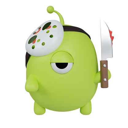 3d Halloween green monster holding a knife icon. Traditional element of décor for Halloween. icon isolated on gray background. 3d rendering illustration. Clipping path..