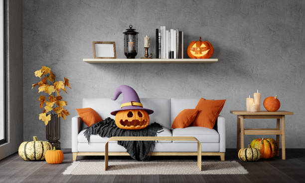 istock Modern room decorated for Halloween. Idea for festive interior. 3D render 3D illustration 1702136642