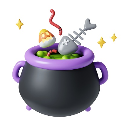 3d Halloween cauldron icon. Traditional element of décor for Halloween. icon isolated on gray background. 3d rendering illustration. Clipping path..