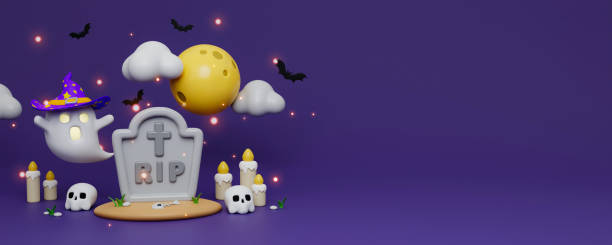 istock 3D Spooky Halloween at graveyard. 3D Rendering cute ghost floating above pumpkin, candle, skull at spooky full moon night. Preparation for holiday. copy space. 3d render. 1702139536