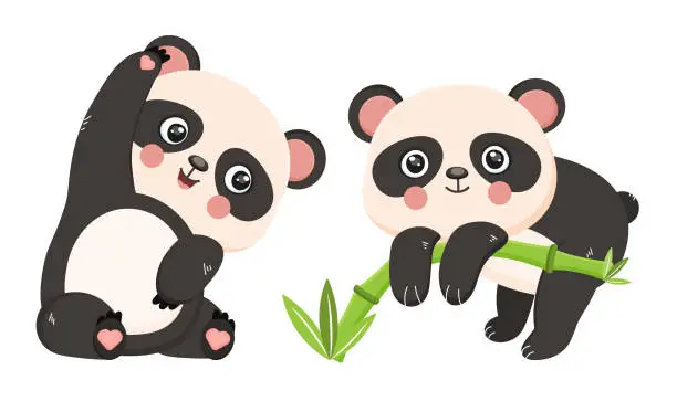 Vector illustration of Cartoon panda, wild animal. Happy character. Funny zoo inhabitant. China and asia wildlife. Jungle bamboo. Smiling sitting bear. Concept of zoology. Isolated on white background. Vector illustration