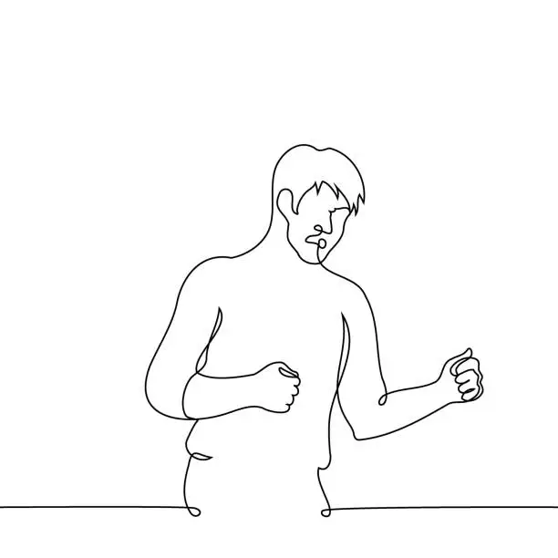 Vector illustration of man stands with clenched fists and a grimace of rage or irritation on his face - one line art vector. concept male rage, emotions, aggression, negative feelings, problems with anger management