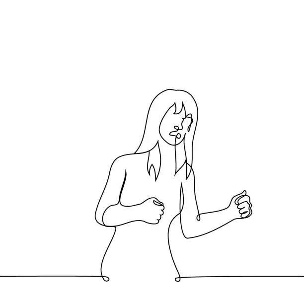Vector illustration of woman stands with clenched fists and a grimace of rage or irritation on her face - one line art vector. concept female rage, emotions, aggression, negative feelings, problems with anger management