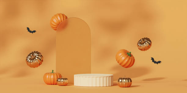 istock Halloween with pumpkin and empty minimal podium pedestal product display background and Halloween Elements. 3d render. 1702146904