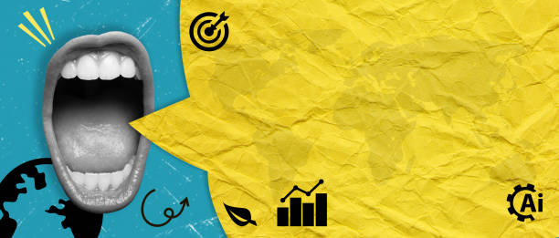 istock Artistic collage with a screaming mouth on a blue background and a yellow message. 1702147129