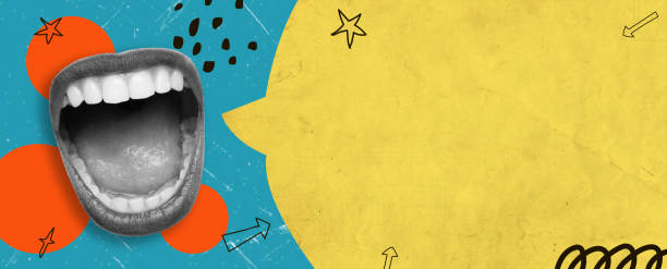 istock Artistic collage with a screaming mouth on a blue background and a yellow message. 1702147672