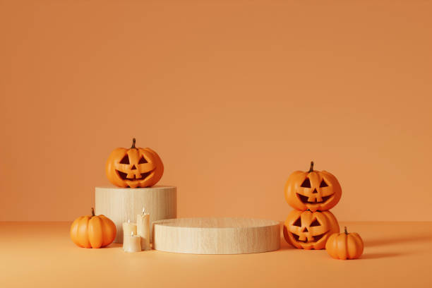 istock Halloween with pumpkin and empty minimal podium pedestal product display background and Halloween Elements. 3d render. 1702149077