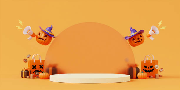 istock Halloween with pumpkin and empty minimal podium pedestal product display background and Halloween Elements. 3d render. 1702149397