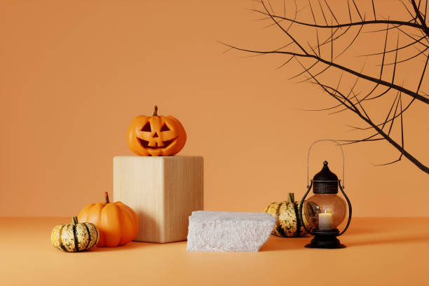 istock Halloween with pumpkin and empty minimal podium pedestal product display background and Halloween Elements. 3d render. 1702149916