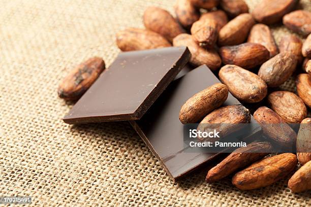 Semente De Cacau No Chocolate Com - Fotografias de stock e mais imagens de Semente de cacau - Semente de cacau, Aniagem de Cânhamo, Chocolate