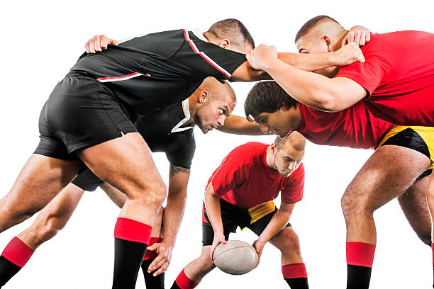 rugby players in action. - rugby scrum stockfoto's en -beelden