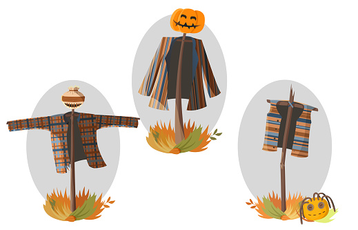 Three scarecrow on the grass. Original Halloween vector character in autumn colors for cards, banners, stickers, posters, prints, websites, decoration