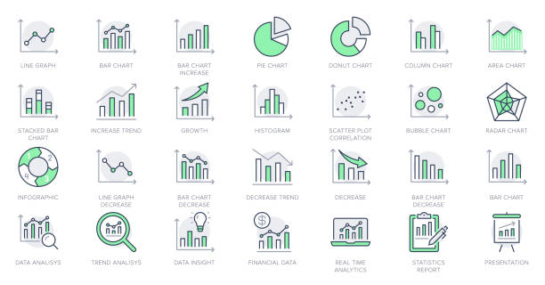 Graph line icons. Vector illustration include icon - data analysis, diagram, stat, histogram, economy outline pictogram for infographic statistic presentation. Green Color, Editable Stroke Graph line icons. Vector illustration include icon - data analysis, diagram, stat, histogram, economy outline pictogram for infographic statistic presentation. Green Color, Editable Stroke. increase stat stock illustrations