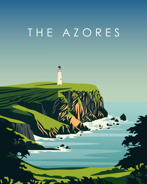 Azores Portugal travel poster Vector illustration. Azores. Portugal. Design for poster, banner, travel card. Design for the cover of a notebook madalena stock illustrations