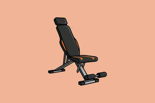 Vector illustration of Gym Weight Bench For Exercise vector illustration. Body fitness objects icon concept. Adjustable weight bench with barbell vector design with shadow on orange background.