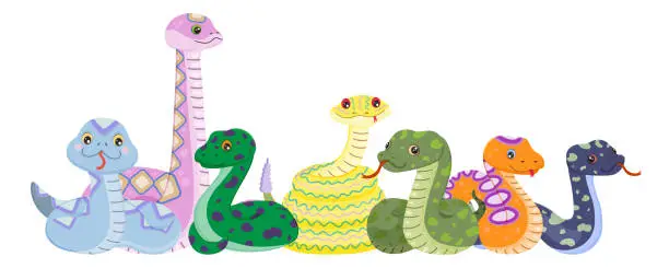 Vector illustration of Set of cartoon reptile. Collection of serpent, snake, viper. Wild animals, dangerous python, tropical cobra. Green skin. Colorful happy character. Funny smiling creature. Vector illustration