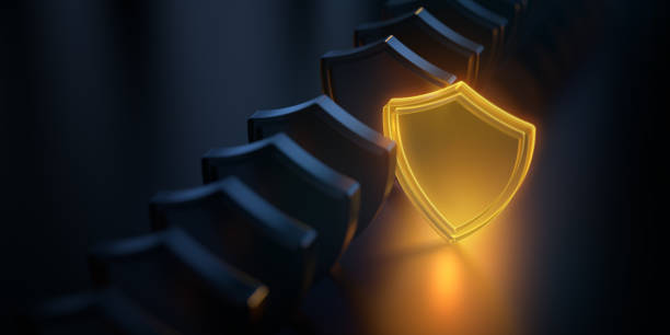 Security concept. Glowing shield icon. Modern futuristic technology background. 3D render Security concept. Glowing shield icon. Modern futuristic technology background. 3D render criminal activity stock pictures, royalty-free photos & images