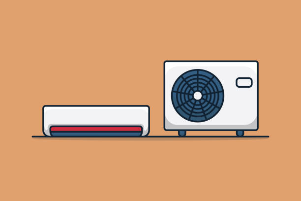 weiße klimaanlage elektrisches system vektorillustration. technologieobjekt-icon-konzept. verschiedene objekte des vektordesigns von klimaanlagen und brennwertventilatoren. ikonenlogo für elektrische geräte im innenraum. - air air conditioner electric fan condition stock-grafiken, -clipart, -cartoons und -symbole