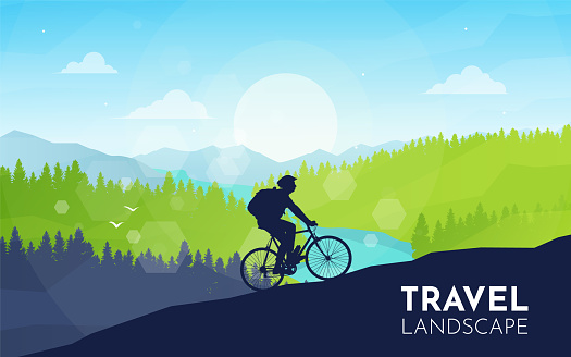 Mountain biking. Silhouette of mountain bike rider in wild nature landscape. Mountains, forest in background. Cyclist. Bicyclist, downhill, and off road cycling. Vector illustration