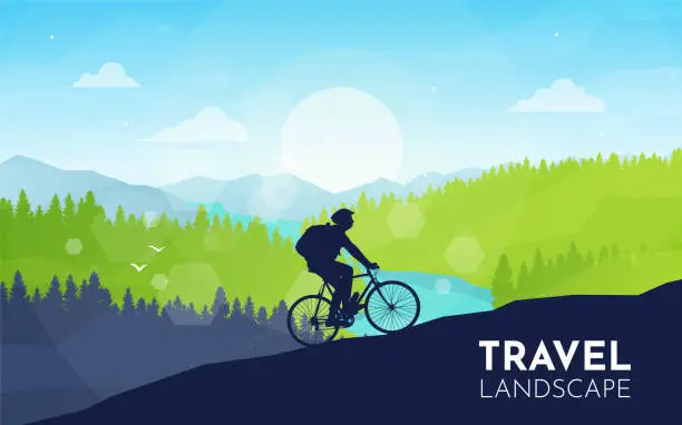 Vector illustration of Mountain biking. Silhouette of mountain bike rider in wild nature landscape. Mountains, forest in background. Cyclist. Bicyclist, downhill, and off road cycling. Vector illustration