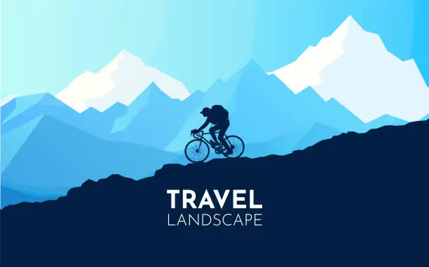 Vector illustration of Mountain biking. Silhouette of mountain female bike rider in wild nature landscape. Mountains, forest in background. Cyclist. Bicyclist, downhill, and off road cycling. Vector illustration